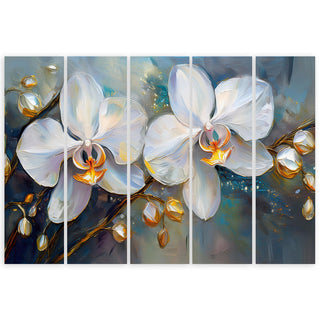 Penkių dalių paveikslas ant drobės, Baltos subtilios orchidėjos melsvame fone Paveikslai ant drobės Gera namie - Geranamie.lt