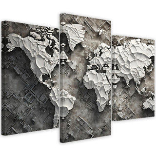 Trijų dalių paveikslas ant drobės, Pilkas pasaulio žemėlapis raštuose Paveikslai ant drobės Gera namie - Geranamie.lt