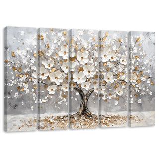Penkių dalių paveikslas ant drobės, Žydintis auksinis prabangus medis Paveikslai ant drobės Gera namie - Geranamie.lt