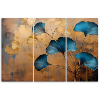 Trijų dalių paveikslas ant drobės, Mėlyni ginkmedžio lapai aukso prabangoje Paveikslai ant drobės Gera namie - Geranamie.lt