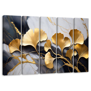 Penkių dalių paveikslas ant drobės, Auksinio ginkmedžio lapai marmuro fone Paveikslai ant drobės Gera namie - Geranamie.lt