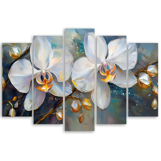 Penkių dalių paveikslas ant drobės, Subtilių orchidėjų žiedai Paveikslai ant drobės Gera namie - Geranamie.lt