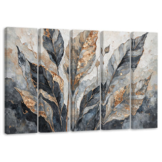 Penkių dalių paveikslas ant drobės, Pilki auksiniai bananų lapai Paveikslai ant drobės Gera namie - Geranamie.lt
