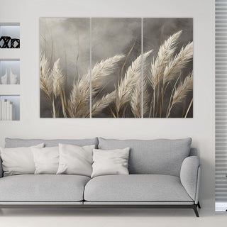 Trijų dalių paveikslas ant drobės, Nendrės pilkame fone Paveikslai ant drobės Gera namie - Geranamie.lt