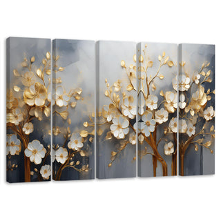 Penkių dalių paveikslas ant drobės, Žydintis auksinis medis Paveikslai ant drobės Gera namie - Geranamie.lt
