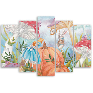 Penkių dalių paveikslas ant drobės, Mažoji Alisa stebuklų žemėje žydra Paveikslai ant drobės Gera namie - Geranamie.lt