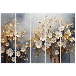 Penkių dalių paveikslas ant drobės, Žydintis auksinis medis Paveikslai ant drobės Gera namie - Geranamie.lt