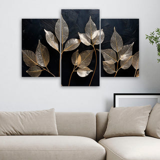 Trijų dalių paveikslas ant drobės, Lapų žavesys juodame fone Paveikslai ant drobės Gera namie - Geranamie.lt
