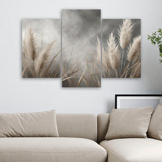 Trijų dalių paveikslas ant drobės, Nendrių šokio magija pilkame fone Paveikslai ant drobės Gera namie - Geranamie.lt