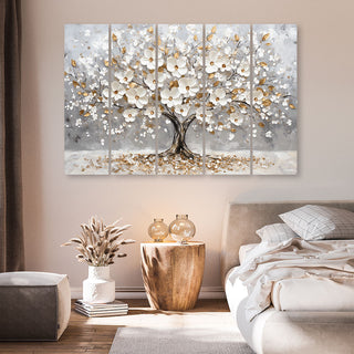 Penkių dalių paveikslas ant drobės, Žydintis auksinis prabangus medis Paveikslai ant drobės Gera namie - Geranamie.lt