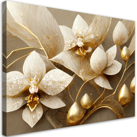 Paveikslas Ant Drobės, 3D gėlės glamūrinis auksas