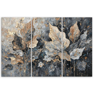 Trijų dalių paveikslas ant drobės, Pilki auksiniai glamūriniai lapai Paveikslai ant drobės Gera namie - Geranamie.lt