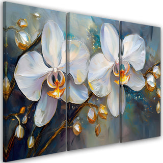 Trijų dalių paveikslas ant drobės, Baltos subtilios orchidėjos melsvame fone Paveikslai ant drobės Gera namie - Geranamie.lt
