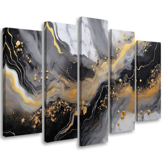 Penkių dalių paveikslas ant drobės, Marmuro abstrakcija auksinė pilka Paveikslai ant drobės Gera namie - Geranamie.lt