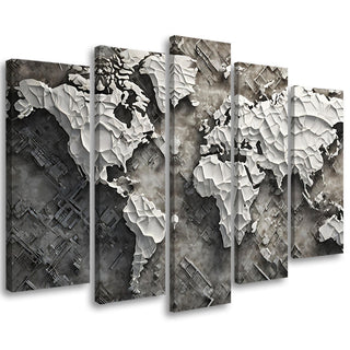 Penkių dalių paveikslas ant drobės, Pilkas pasaulio žemėlapis raštuose Paveikslai ant drobės Gera namie - Geranamie.lt