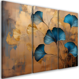Trijų dalių paveikslas ant drobės, Mėlyni ginkmedžio lapai aukso prabangoje Paveikslai ant drobės Gera namie - Geranamie.lt