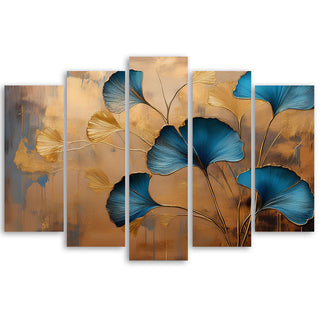 Penkių dalių paveikslas ant drobės, Mėlyni ginkmedžio lapai aukso prabangoje Paveikslai ant drobės Gera namie - Geranamie.lt