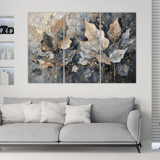 Trijų dalių paveikslas ant drobės, Pilki auksiniai glamūriniai lapai Paveikslai ant drobės Gera namie - Geranamie.lt