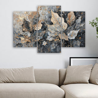 Trijų dalių paveikslas ant drobės, Pilkų auksinių glamūrinių lapų magija Paveikslai ant drobės Gera namie - Geranamie.lt