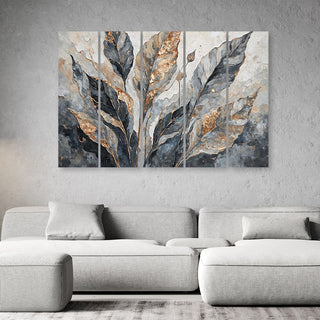 Penkių dalių paveikslas ant drobės, Pilki auksiniai bananų lapai Paveikslai ant drobės Gera namie - Geranamie.lt