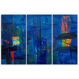 Trijų dalių paveikslas ant drobės, Mėlyna tamsi abstrakcija Paveikslai ant drobės Gera namie - Geranamie.lt
