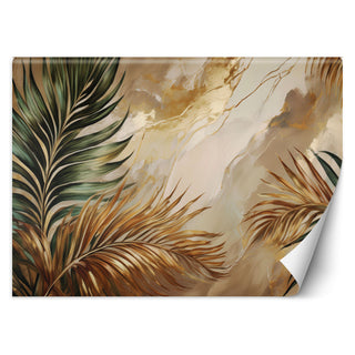 Wallpaper, Boho Plant Leaves on Glowing Marble