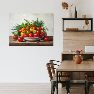 Paveikslas ant drobės, švieži pomidorai Paveikslas ant drobės, Still life with tomatoes and herbs Paveikslai ant drobės Gera namie - Geranamie.lt