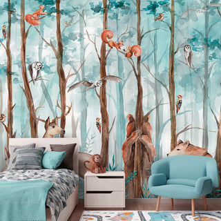 Wallpaper, Forest animals on a blue background