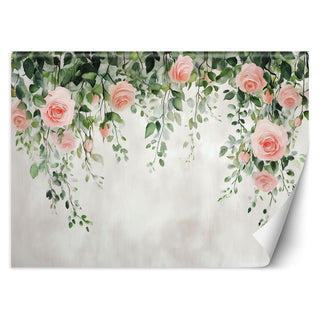Wallpaper, Hanging roses flowers green leaves concrete