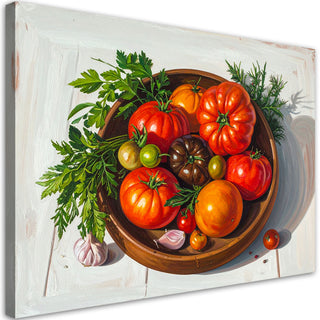 Paveikslas ant drobės, pomidorų kompozicija Paveikslas ant drobės, Still life with tomatoes and herbs in a bowl Paveikslai ant drobės Gera namie - Geranamie.lt