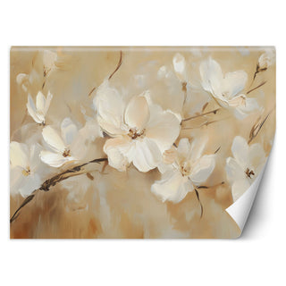 Wallpaper, White Flowers on Beige Background