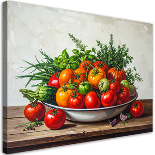 Paveikslas ant drobės, švieži pomidorai Paveikslas ant drobės, Still life with tomatoes and herbs Paveikslai ant drobės Gera namie - Geranamie.lt