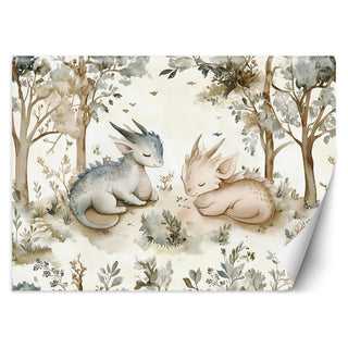 Wallpaper for children's room, Sleeping Dragons Animals in the forest Beige