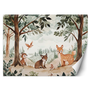Wallpaper for children, Deer Bird Forest Animals Beige