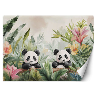 Wallpaper for children's walls, Pandas in flowers Plants