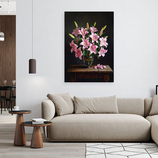 Paveikslas ant drobės, Rožinių lelijų puokštė Canvas print, Pink lilies flowers in a vase Paveikslai ant drobės Gera namie - Geranamie.lt