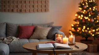 Šilta Kalėdų atmosferos svetainė: ant medinio stalo dega žvakės ir guli atversta knyga, už jos – minkšta sofa su pagalvėlėmis; fone švelniai šviečia papuošta eglutė ir ant sienos pakabintas advento kalendorius su girlianda. GERA NAMIE