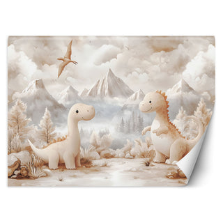 Wallpaper for children's room, Cute little dinosaurs Beige landscape
