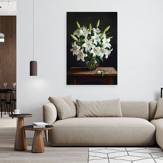 Paveikslas ant drobės, baltų lelijų magija Canvas picture, White lilies flowers in a vase Paveikslai ant drobės Gera namie - Geranamie.lt