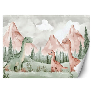 Wallpaper for children's rooms, Dinosaurs Mountains Forest Green