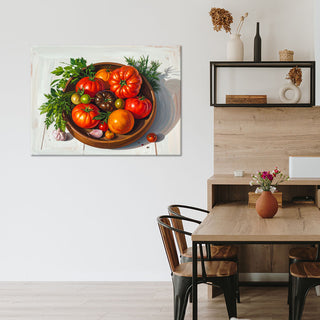 Paveikslas ant drobės, pomidorų kompozicija Paveikslas ant drobės, Still life with tomatoes and herbs in a bowl Paveikslai ant drobės Gera namie - Geranamie.lt
