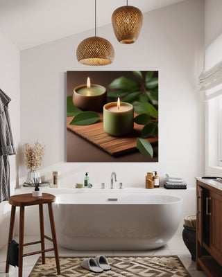 Dvi degančios žvakės žaliuose keraminiuose indeliuose, pastatytos ant bambukinio padėklo su žaliomis lapų šakelėmis – rami namų SPA atmosfera. GERA NAMIE