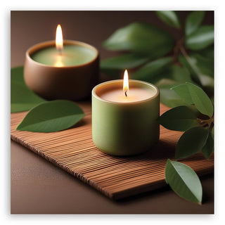 Dvi degančios žvakės žaliuose keraminiuose indeliuose, pastatytos ant bambukinio padėklo su žaliomis lapų šakelėmis – rami namų SPA atmosfera. GERA NAMIE