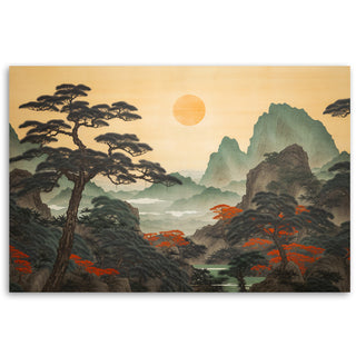 Painting on canvas, Japanese landscape and sun